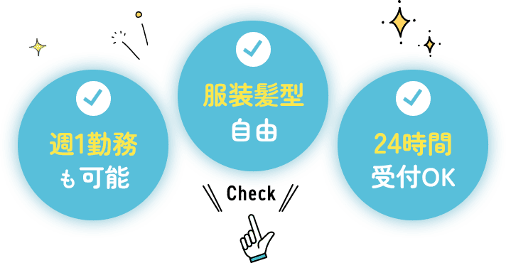 週1勤務も可能・服装髪型自由・24時間受付OK