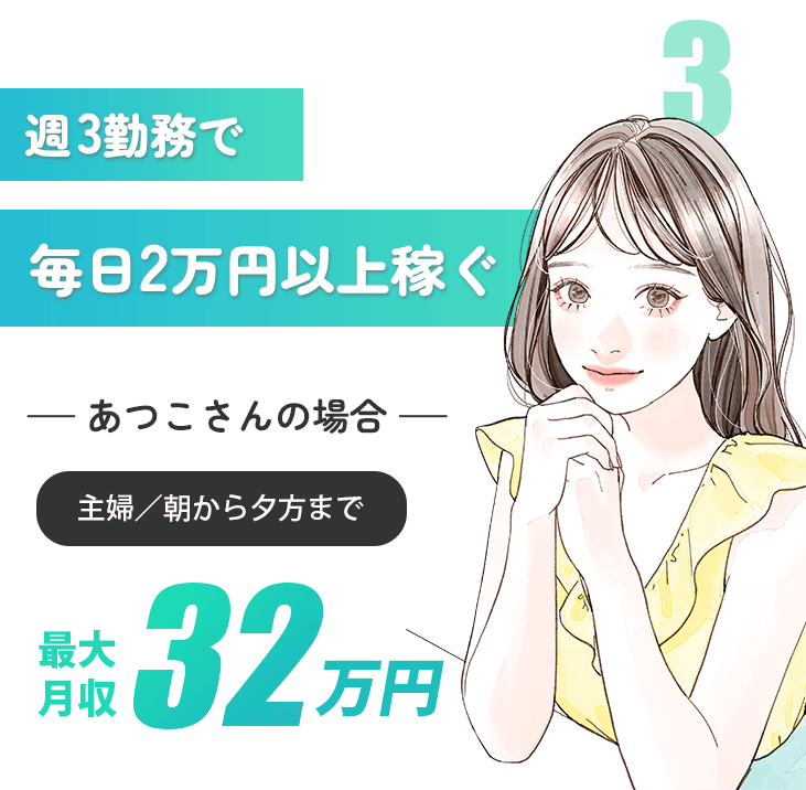 週3勤務で毎日2万円以上稼ぐ-あつこさんの場合-平均月収32万円