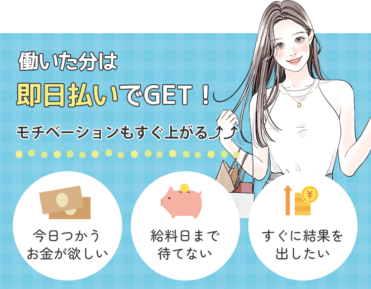 働いた分は即日払いでGET！モチベーションもすぐ上がる⤴⤴今日つかうお金が欲しい/給料日まで待てない/すぐに結果を出したい