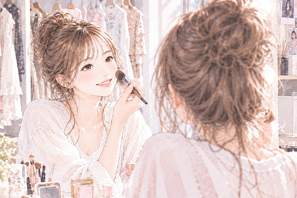 メイクを整えるりおさん
